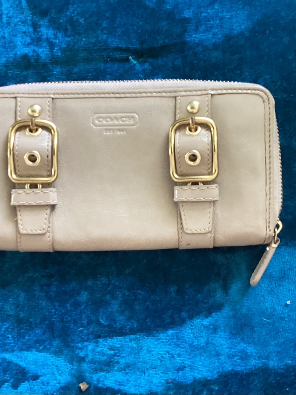 Coach Beige Leather Zip-Around Wallet with Gold Buckles